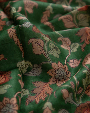 Green Munga Kalamkari Saree with off white work blouse