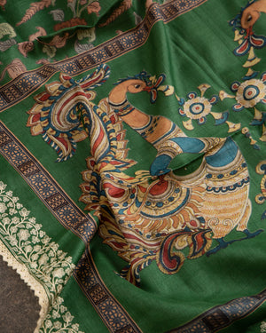 Green Munga Kalamkari Saree with off white work blouse
