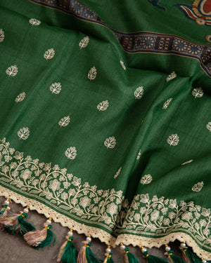 Green Munga Kalamkari Saree with off white work blouse