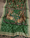 Green Munga Kalamkari Saree with off white work blouse