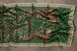 Green Munga Kalamkari Saree with off white work blouse