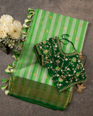 Shaded Green Chanderi Saree with contrast dark green blouse