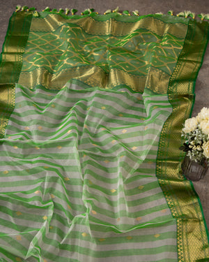 Shaded Green Chanderi Saree with contrast dark green blouse