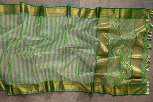 Shaded Green Chanderi Saree with contrast dark green blouse