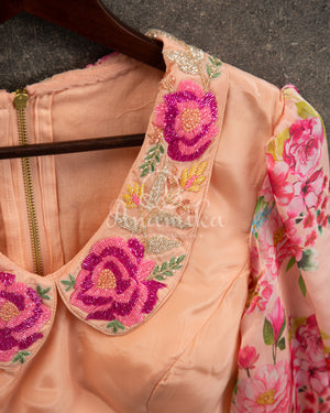 Peach Satin Georgette saree in beautiful Floral prints