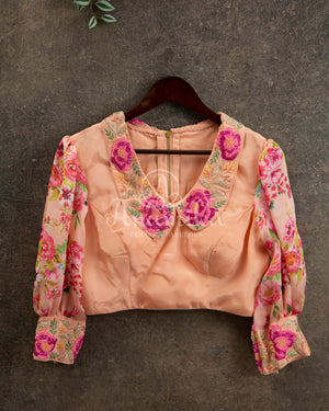 Peach Satin Georgette saree in beautiful Floral prints