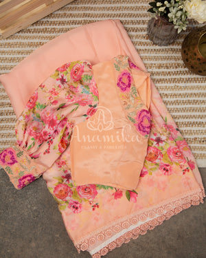 Peach Satin Georgette saree in beautiful Floral prints