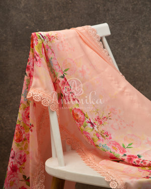 Peach Satin Georgette saree in beautiful Floral prints