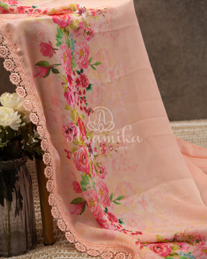 Peach Satin Georgette saree in beautiful Floral prints