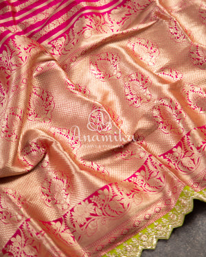 Breathtaking Banarasis with contrast zardosi work border - Pink & Parrot Green