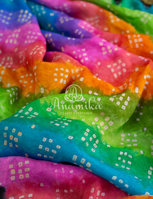 Rainbow hued Black Bandini saree with kanchi border