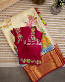 Off white Floral Kanchipattu saree with contrast wine border