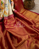 Off white Floral Kanchipattu saree with contrast wine border