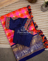 Stunning Pink Orange Venkatagiri Pattu saree with dark blue border