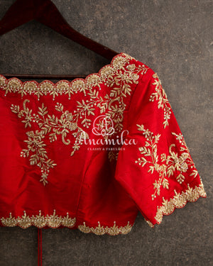 Pink Floral Kanchipattu saree with contrast red zardosi work blouse