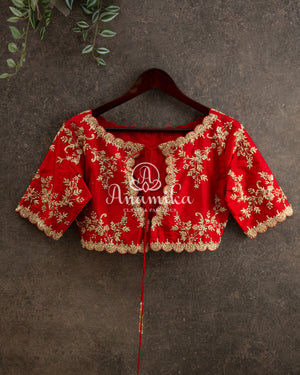 Pink Floral Kanchipattu saree with contrast red zardosi work blouse