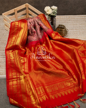 Pink Floral Kanchipattu saree with contrast red zardosi work blouse