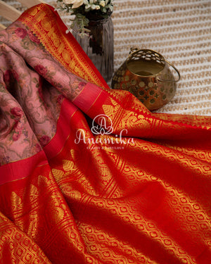 Pink Floral Kanchipattu saree with contrast red zardosi work blouse