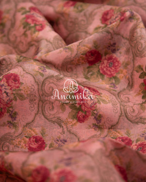 Pink Floral Kanchipattu saree with contrast red zardosi work blouse