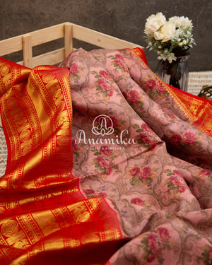 Pink Floral Kanchipattu saree with contrast red zardosi work blouse