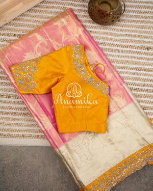 Pastel Pink Kanchipattu saree with yellow maggam work border