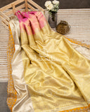 Pastel Pink Kanchipattu saree with yellow maggam work border