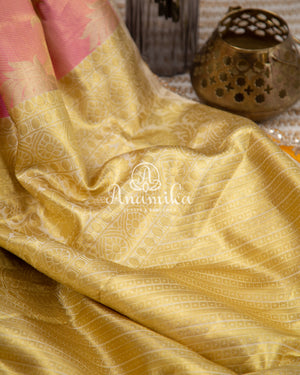 Pastel Pink Kanchipattu saree with yellow maggam work border