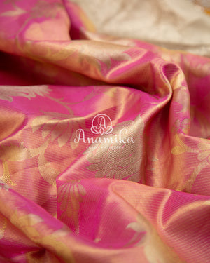 Pastel Pink Kanchipattu saree with yellow maggam work border