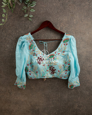 Green Floral Georgette saree with Blue heavywork blouse