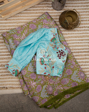 Green Floral Georgette saree with Blue heavywork blouse