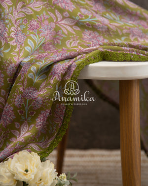 Green Floral Georgette saree with Blue heavywork blouse