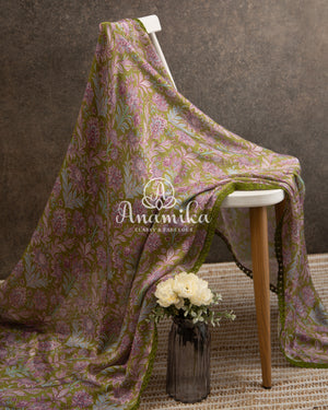 Green Floral Georgette saree with Blue heavywork blouse