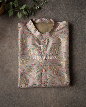 Grey rawsilk kurta with embroidery and floral print