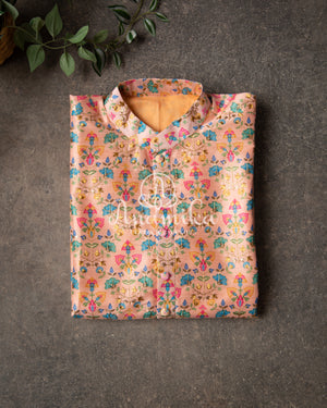 Peach rawsilk kurta with embroidery and floral print