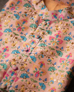 Peach Rawsilk kurta with floral prints and emroidery