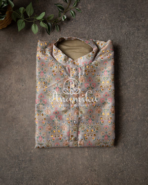 Grey Rawsilk kurta with floral prints and emroidery
