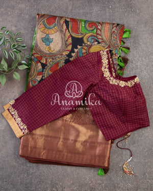 Green Silk saree with a fusion of bandini, kalamkari and kanchi