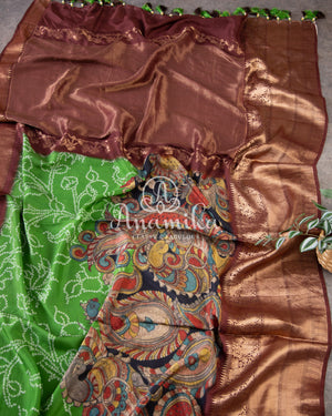 Green Silk saree with a fusion of bandini, kalamkari and kanchi