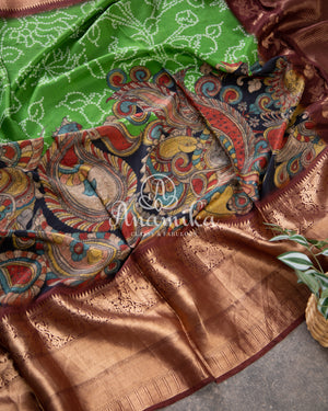 Green Silk saree with a fusion of bandini, kalamkari and kanchi