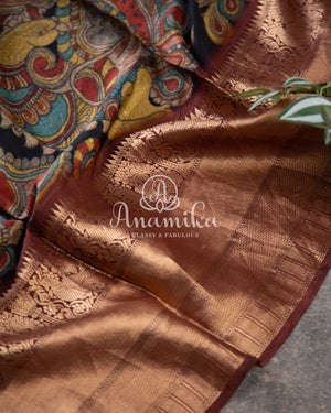 Green Silk saree with a fusion of bandini, kalamkari and kanchi