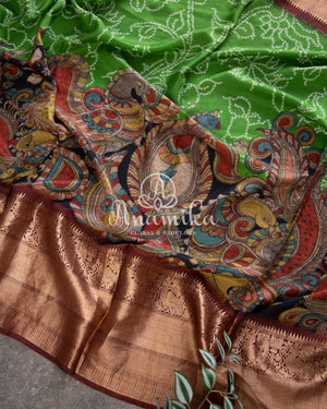 Green Silk saree with a fusion of bandini, kalamkari and kanchi