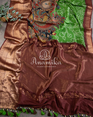 Green Silk saree with a fusion of bandini, kalamkari and kanchi