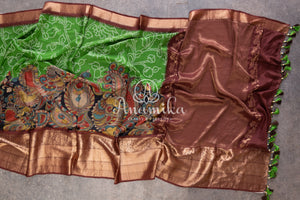 Green Silk saree with a fusion of bandini, kalamkari and kanchi