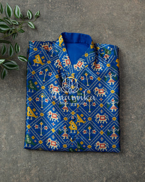 Dark Blue Patola Print Kurta on Tussar Silk