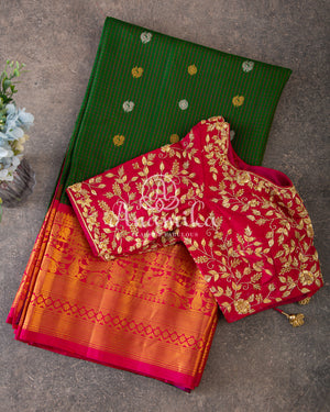 Dark Green Gadwal Silk saree with pink contrast border