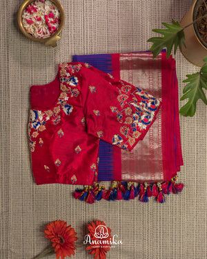 Purple/Red Combo Gadwal Pure Silk saree with red handwork blouse