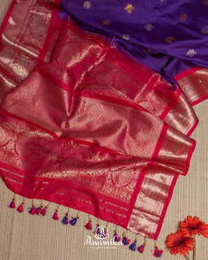 Purple/Red Combo Gadwal Pure Silk saree with red handwork blouse