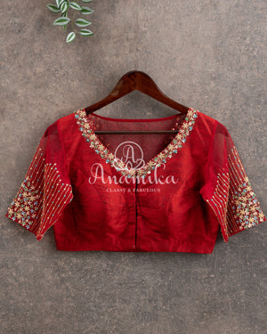 Blue Chanderi Silk Saree with a contrast red blouse