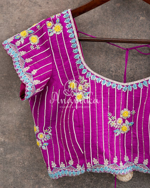 Blue Digital Print Gadwal Saree with Purple Border