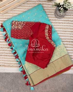 Blue Chanderi Silk Saree with a contrast red blouse